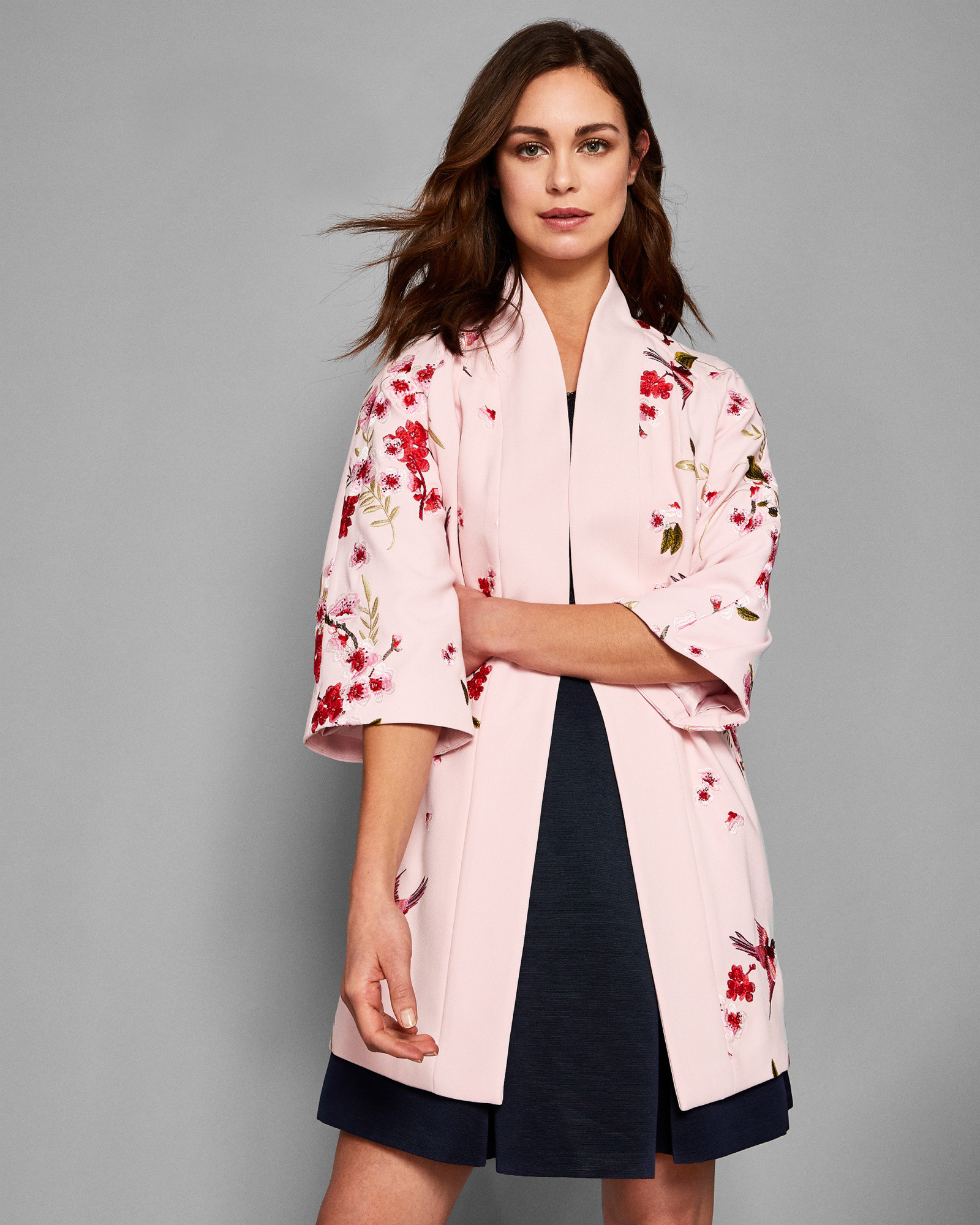 ISOLEDE Soft Blossom embroidered kimono coat