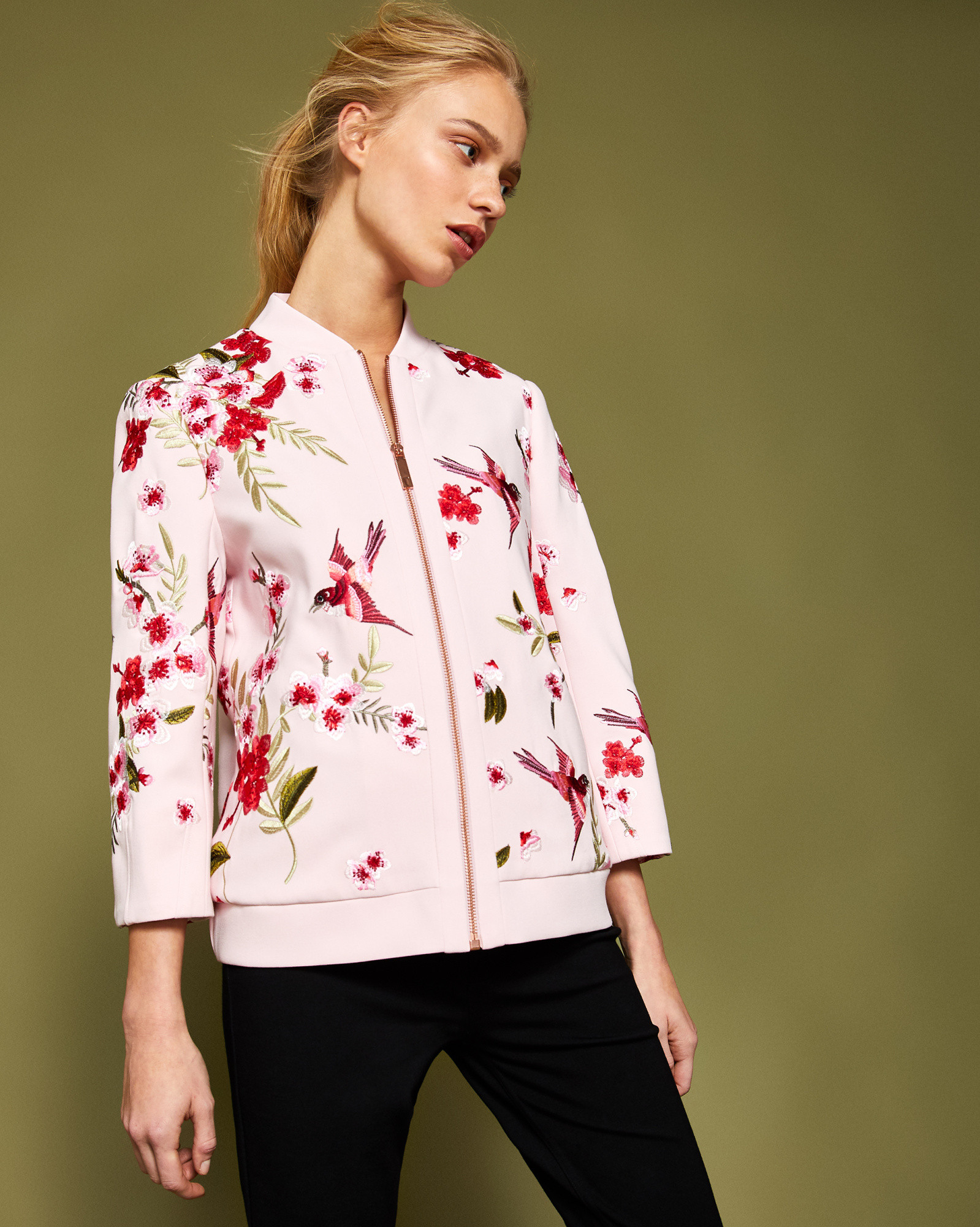 LEELAH Soft Blossom embroidered bomber jacket