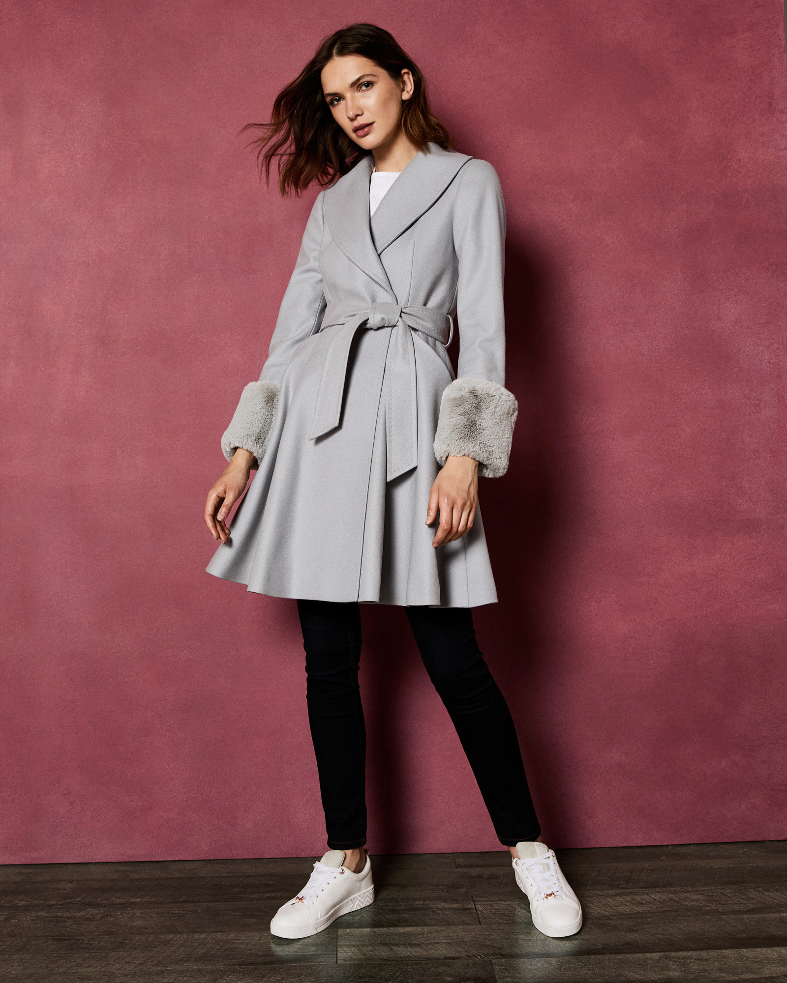 ZURII Faux fur trim wool wrap coat