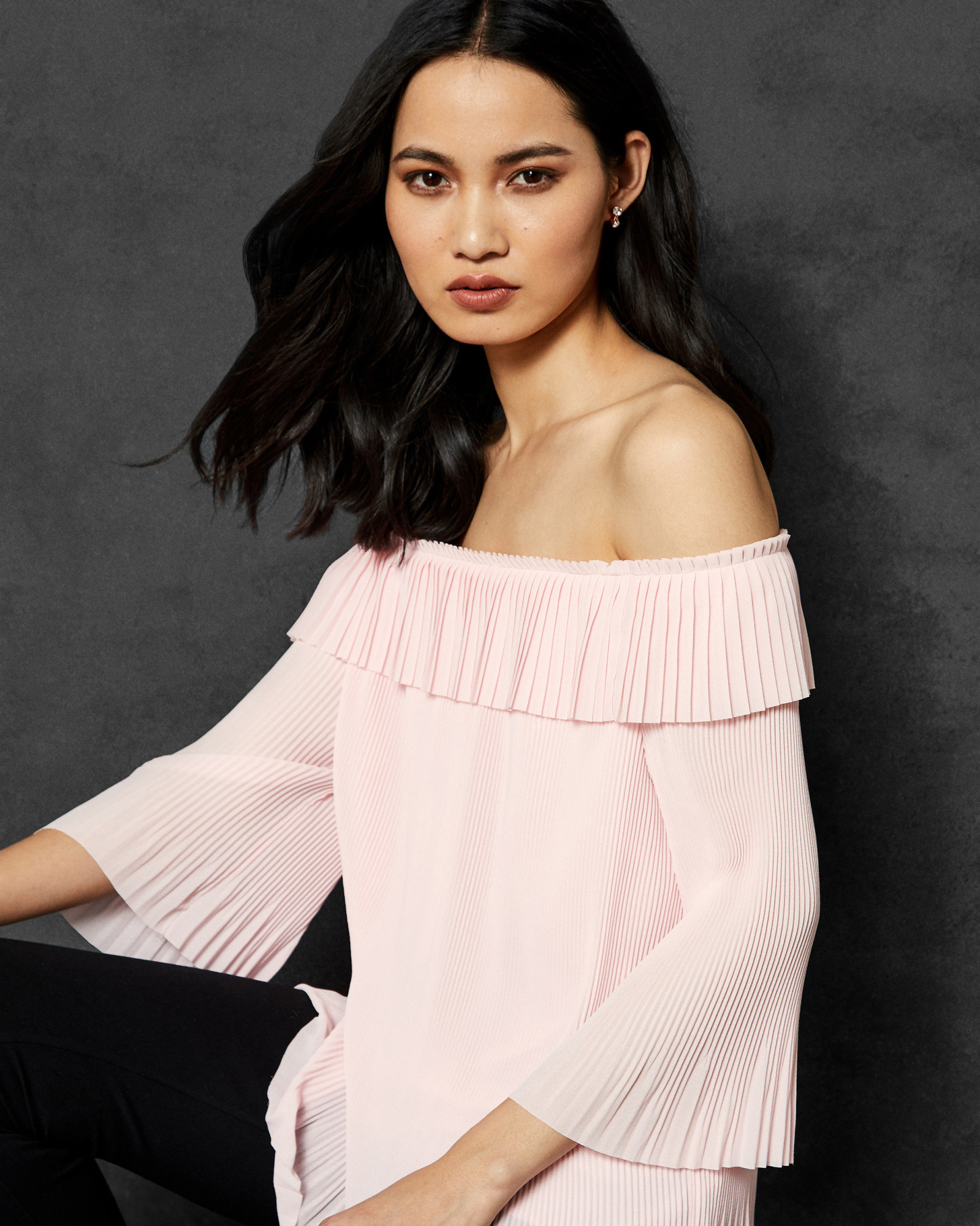 PERREY Pleated off shoulder crop sleeve top